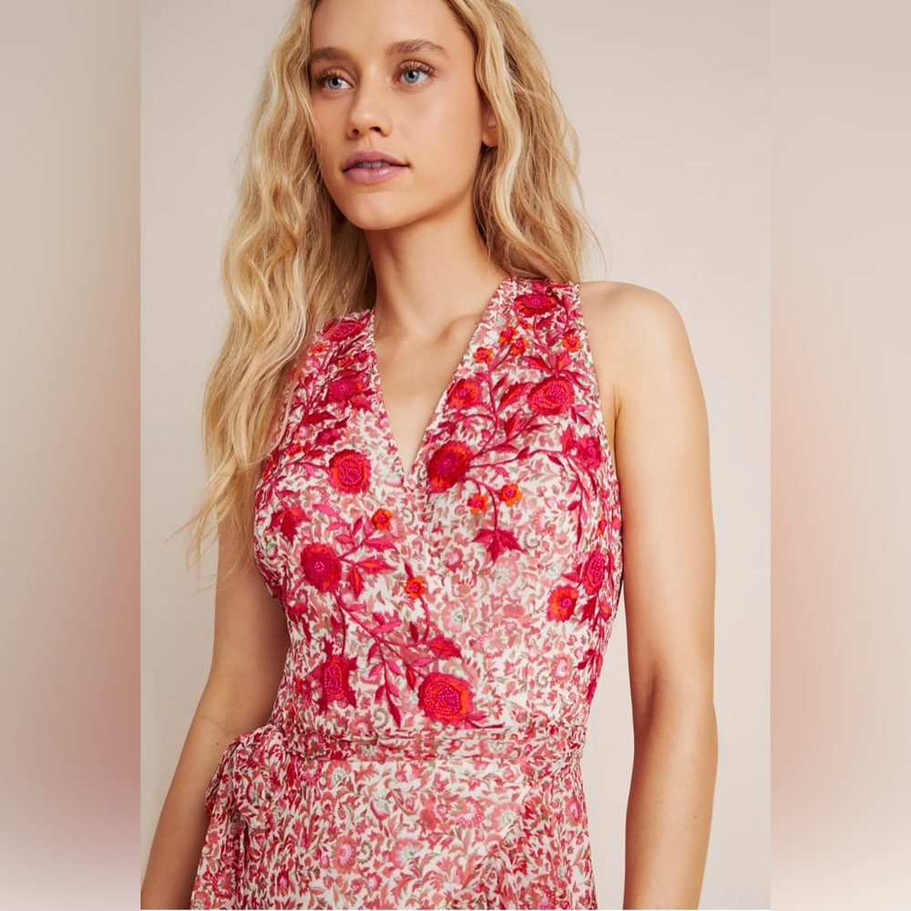 Anthropologie Ranna Gill Alexandra Floral Appliqué Beaded Wrap Maxi Dress in M - Picture 3 of 13